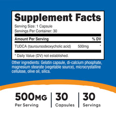 Nutricost Tudca 500mg bottle side view showing dosage label.
