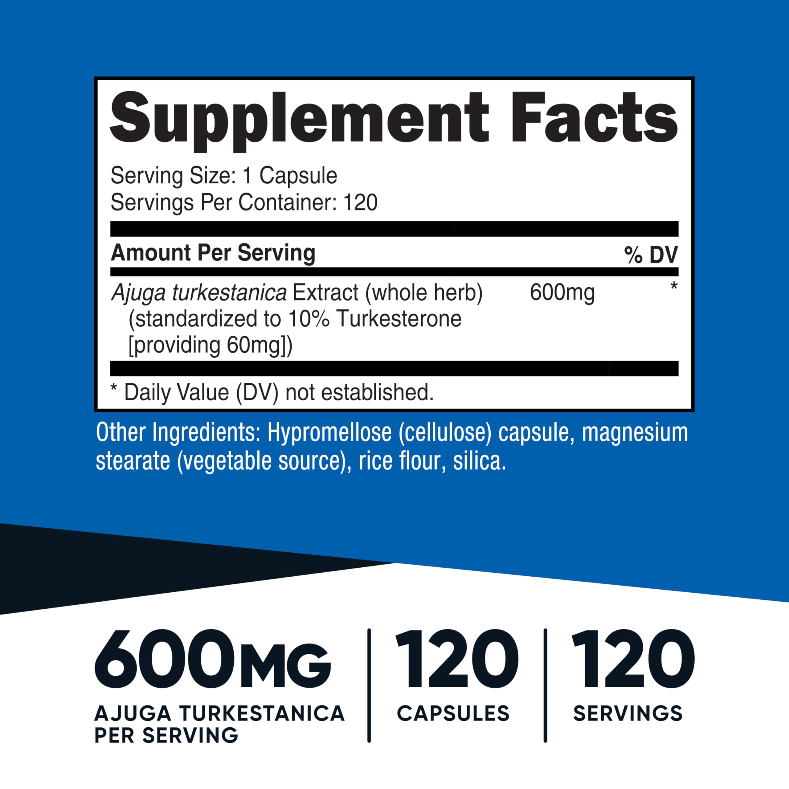 Nutricost Turkesterone bottle back showing supplement facts and batch information.