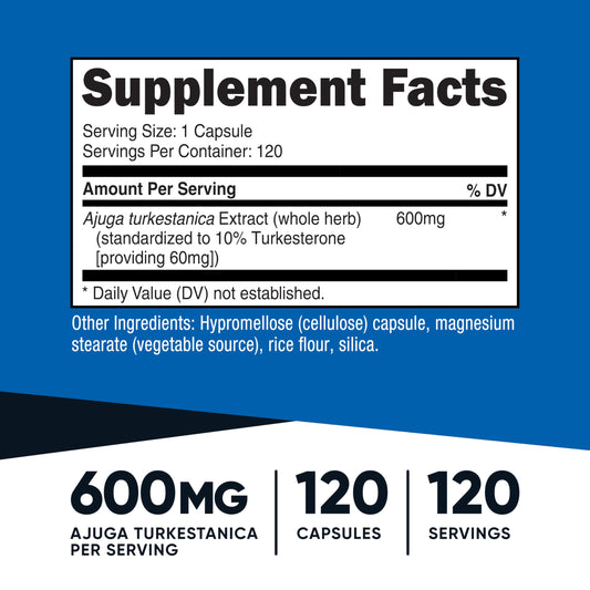 Nutricost Turkesterone bottle back showing supplement facts and batch information.