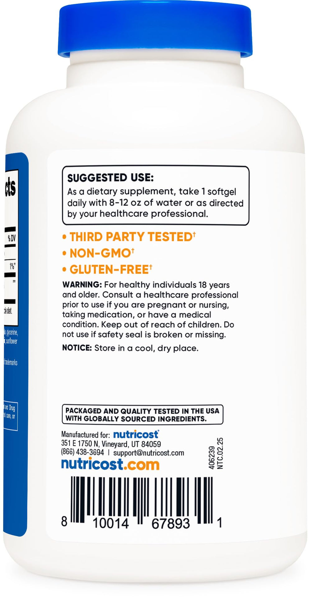 ISO-tested and NSF-certified facility logo on Nutricost packaging.
