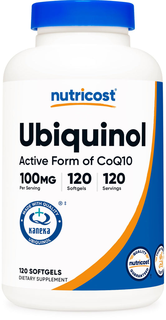 Nutricost Ubiquinol Softgels bottle with label showing 100 mg CoQ10 per serving.