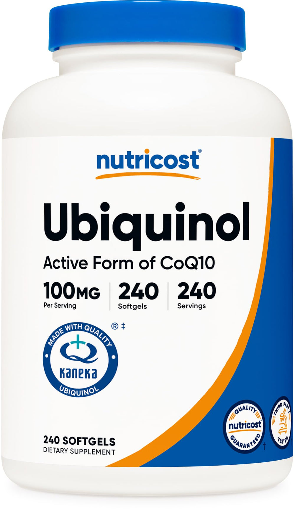 Nutricost Ubiquinol Softgels bottle front, 240-count packaging for daily use.