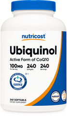 Nutricost Ubiquinol Softgels bottle front, 240-count packaging for daily use.