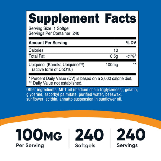 Nutricost Ubiquinol Softgels bottle label showing 100 mg per softgel.