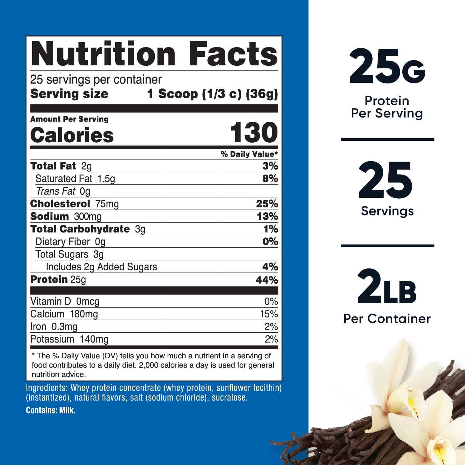 Nutricost Vanilla Whey protein bottle beside glass for convenient daily use.