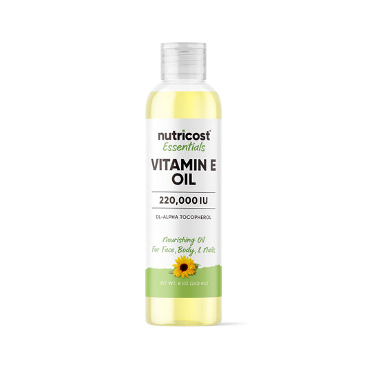 Nutricost Vitamin E Oil 8 oz bottle for skin, hair, and nails.