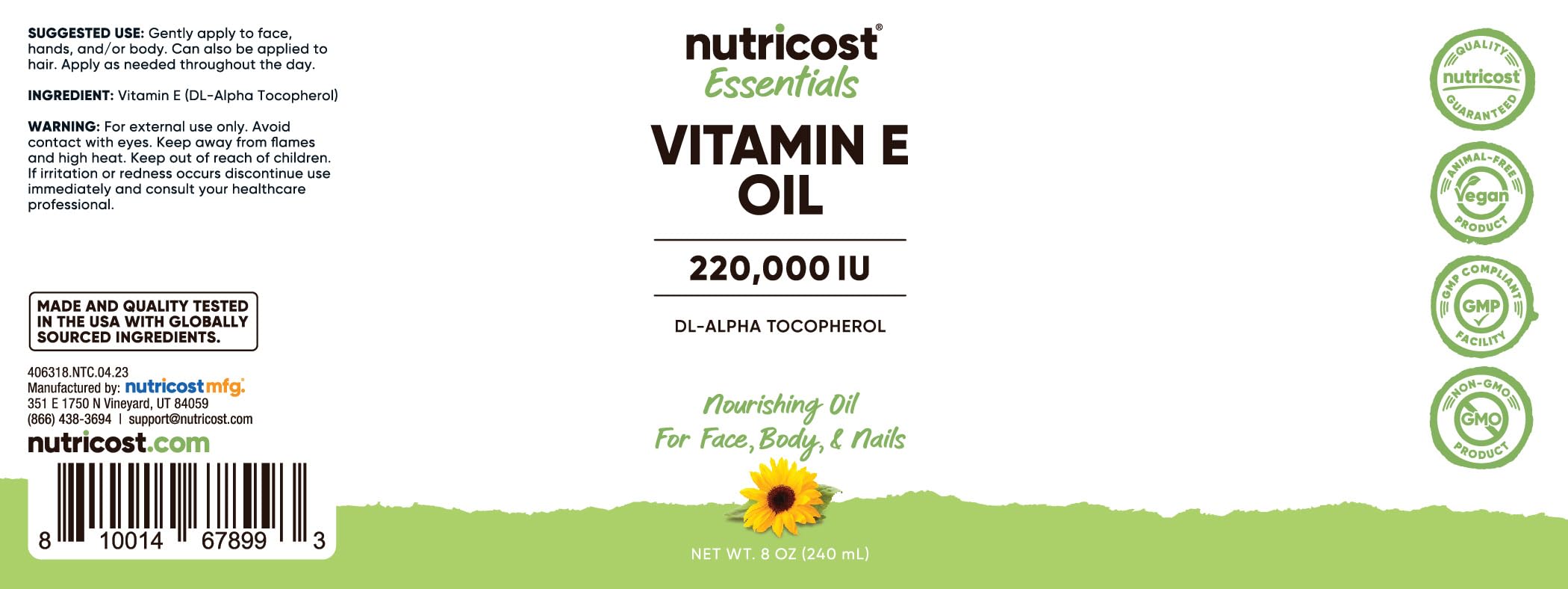 Dropper dispensing Nutricost Vitamin E Oil for easy topical use.