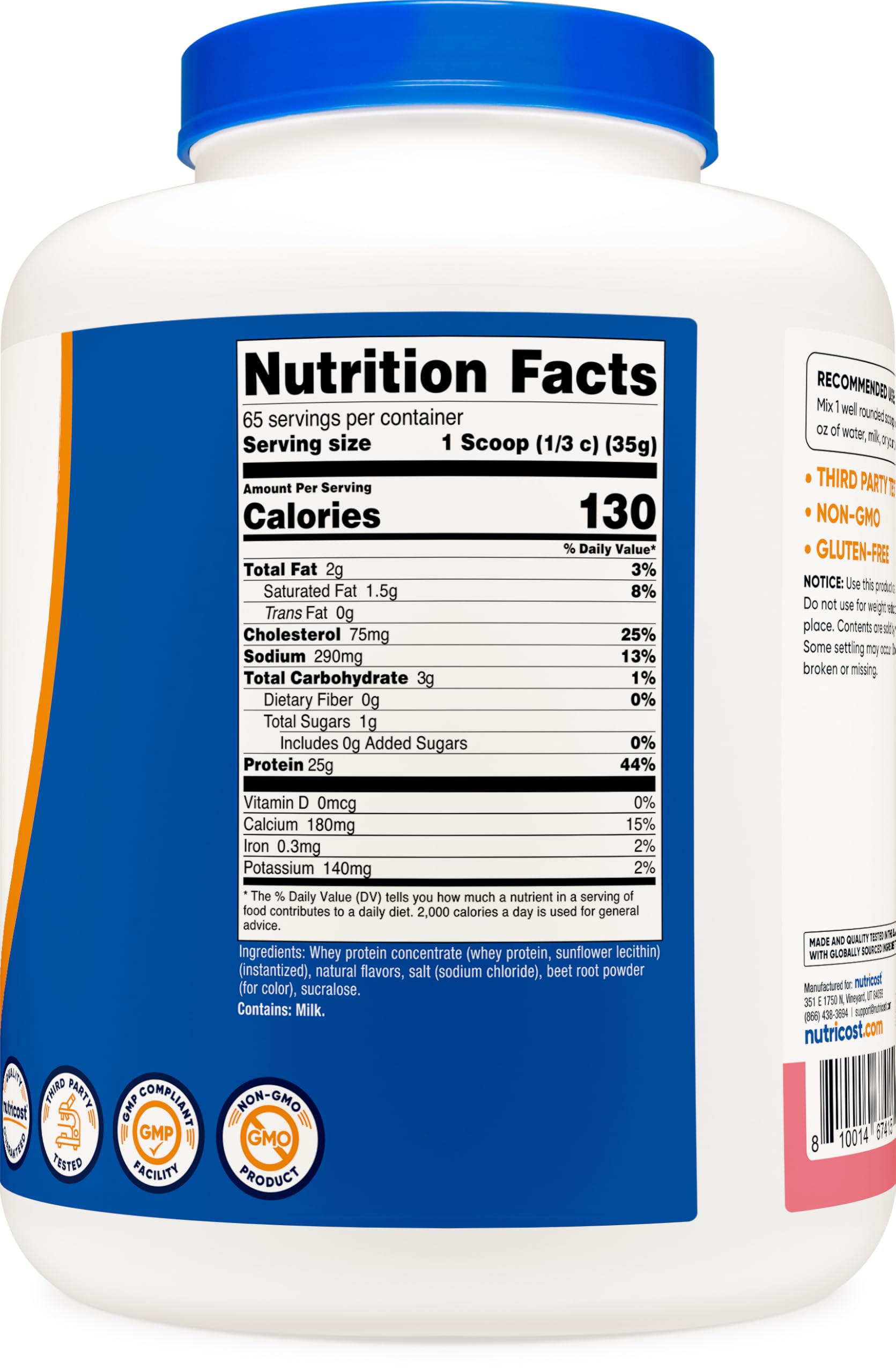 Nutricost Whey Concentrate Strawberry Milkshake label emphasizes gluten-free and GMO-free ingredients.