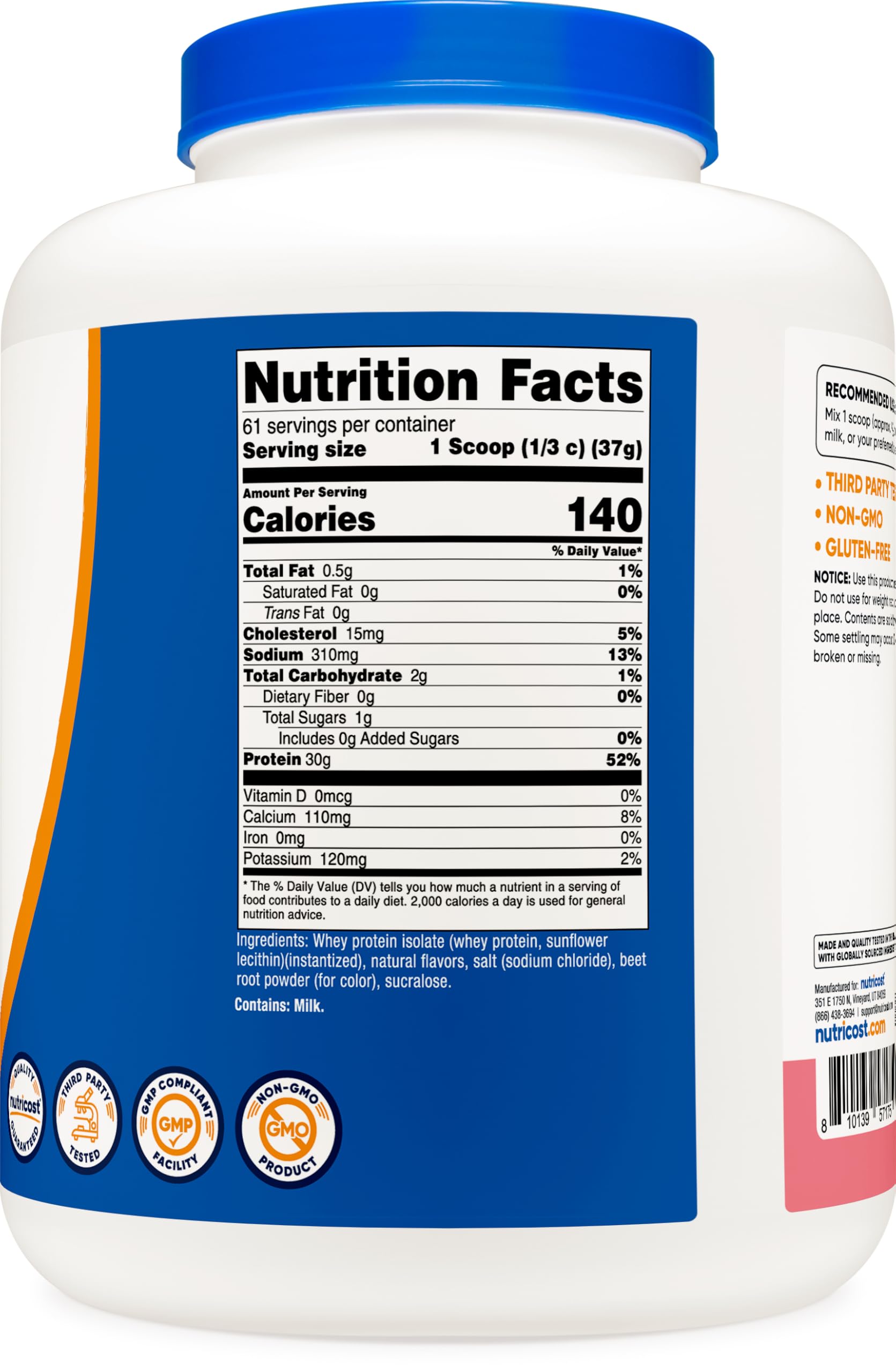 Nutrition label close-up showing 30 g protein per serving