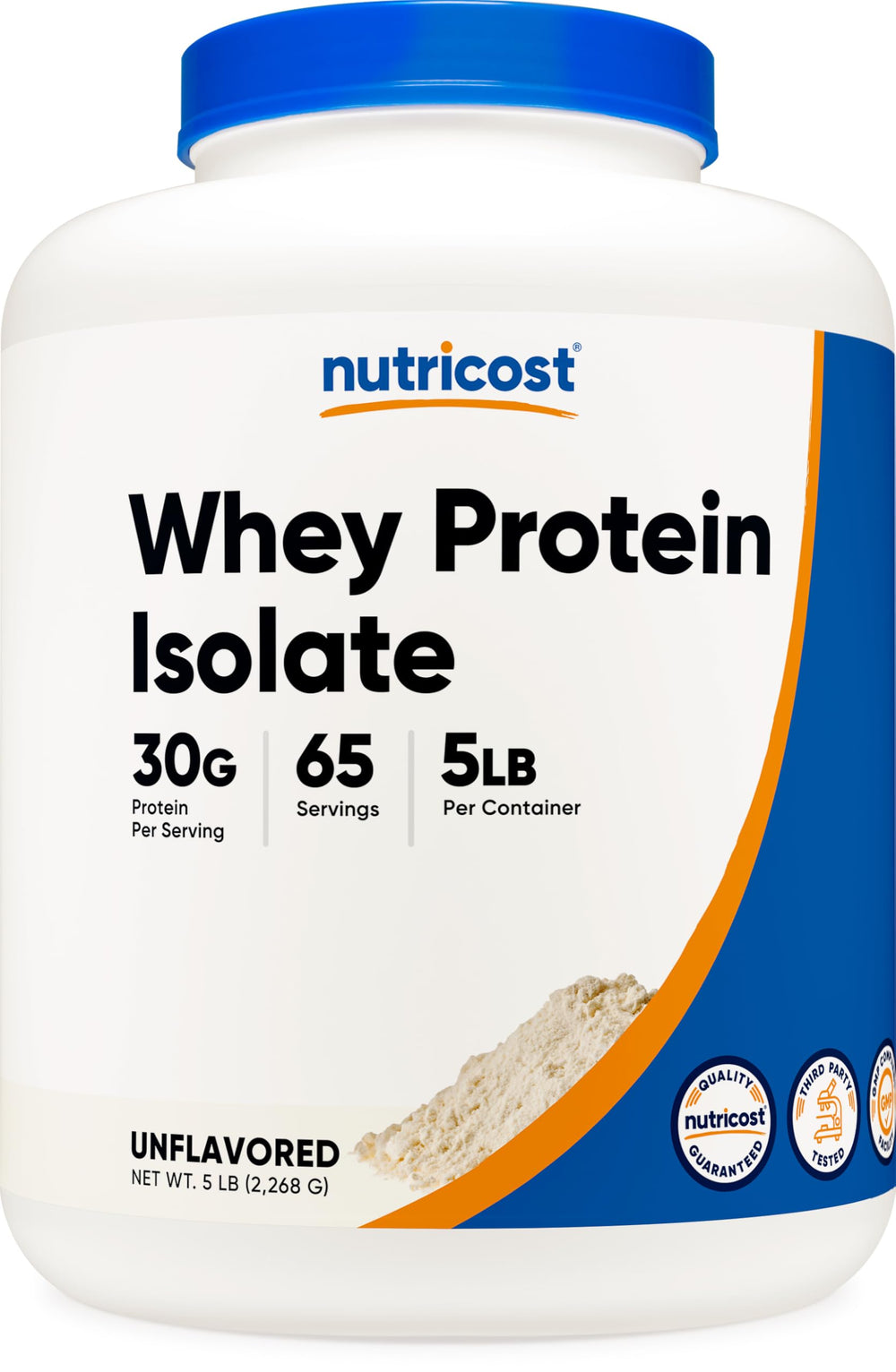 Nutricost Whey Isolate Unflavored 5lb bottle showing clean, neutral protein for versatile use