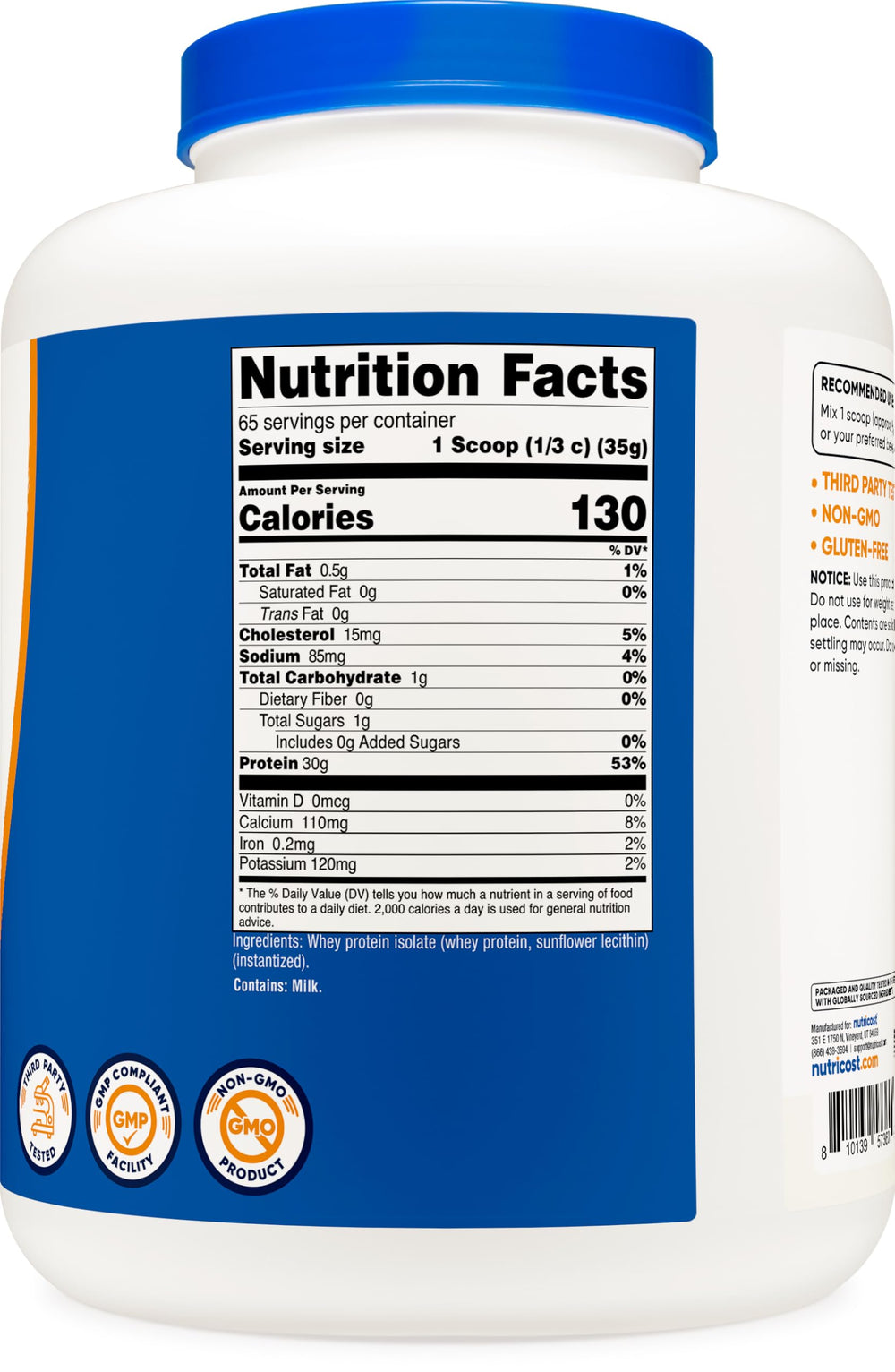 Nutricost Whey Isolate Unflavored 5lb facility certifications emphasize quality and safety
