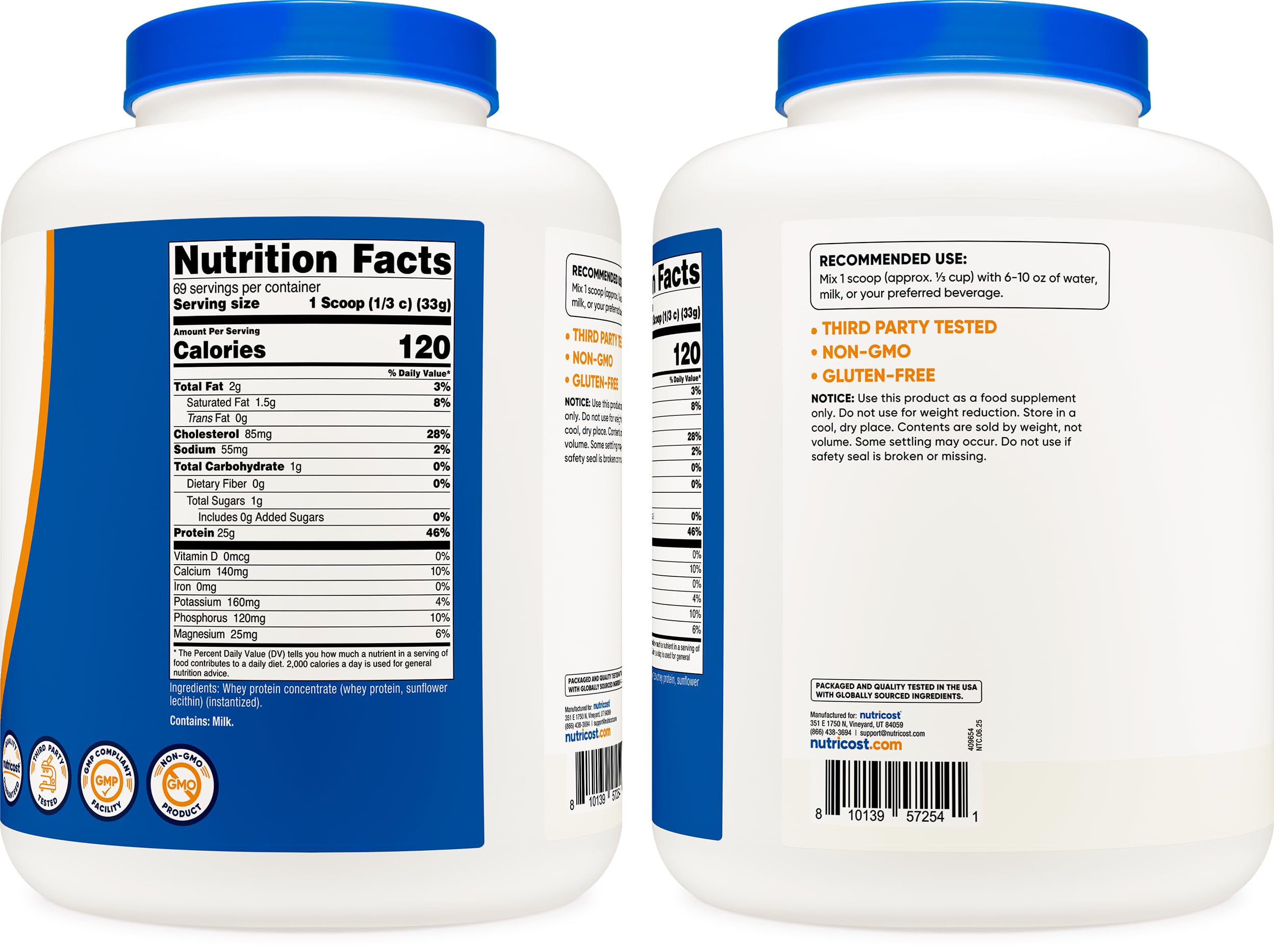 Nutricost Whey Protein Concentrate label close-up highlighting quality standards.