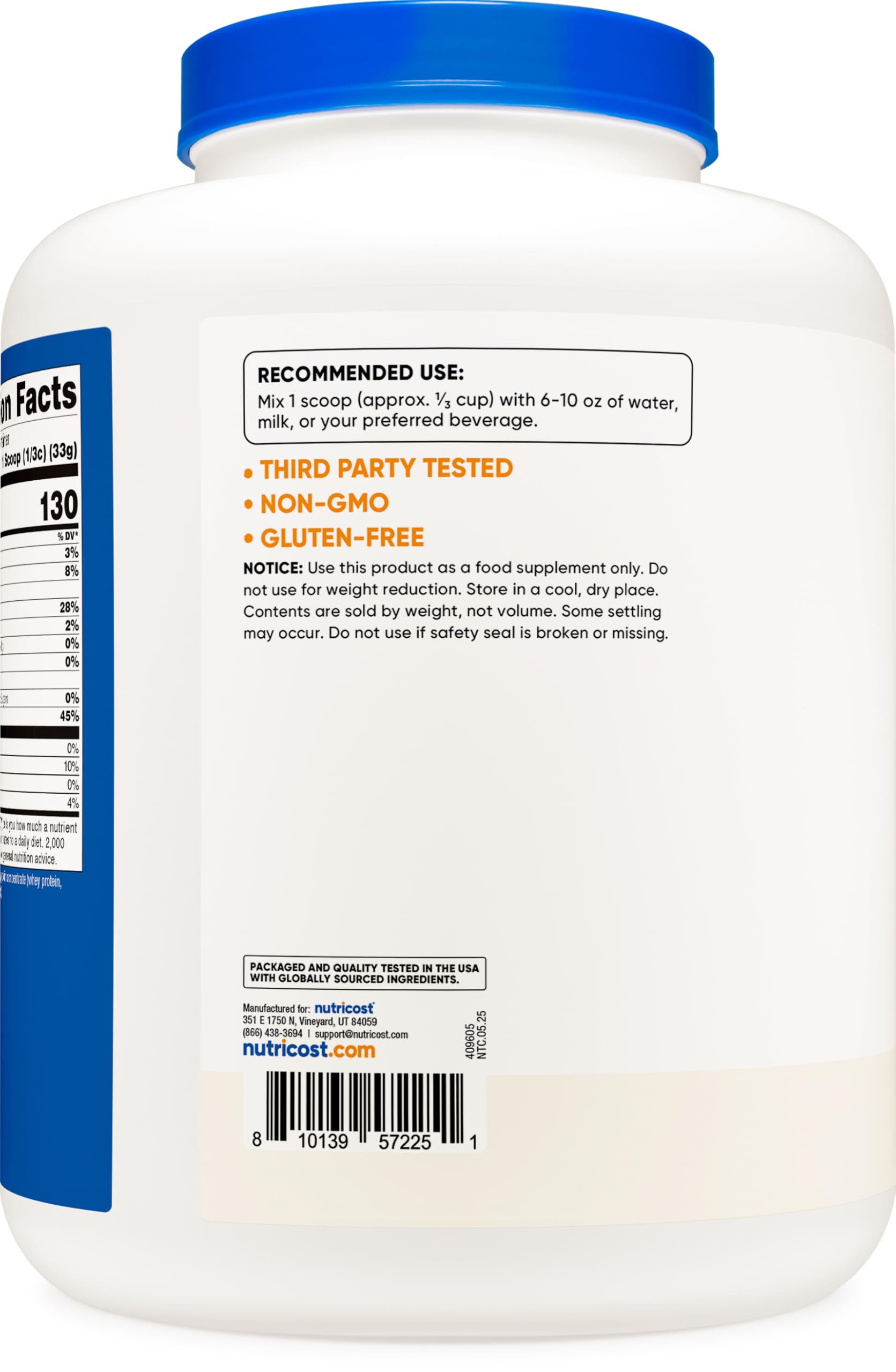 Nutricost container displays rBGH-free badge for clean protein source.