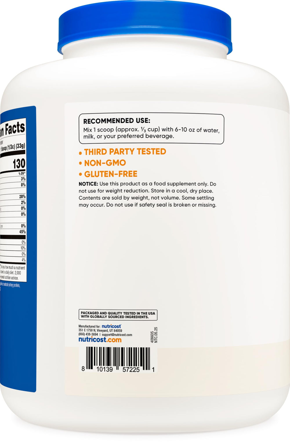 Nutricost container displays rBGH-free badge for clean protein source.