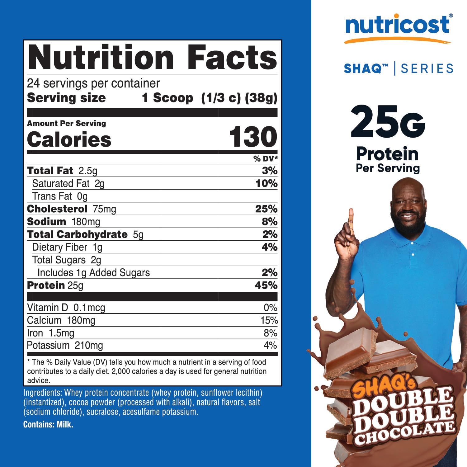 Nutricost Whey Protein Concentrate Shaq's Double Double Chocolate nutrition panel shows protein content