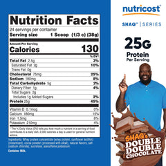 Nutricost Whey Protein Concentrate Shaq's Double Double Chocolate nutrition panel shows protein content