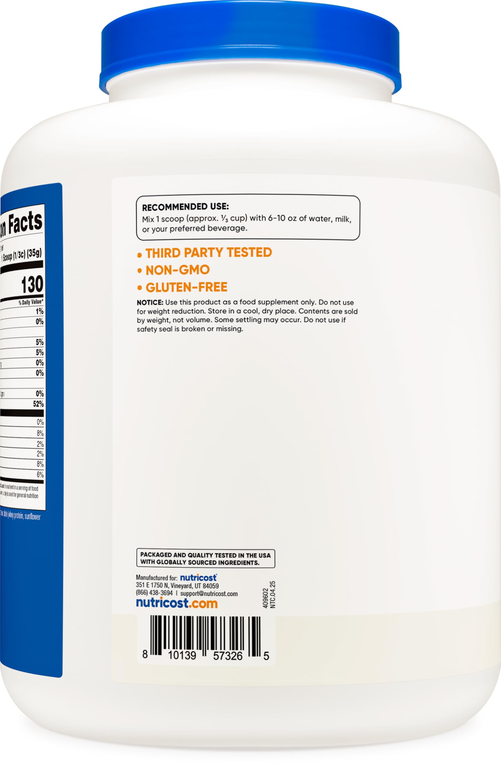 Nutricost label shows GMP facility and FDA registration for quality manufacturing.