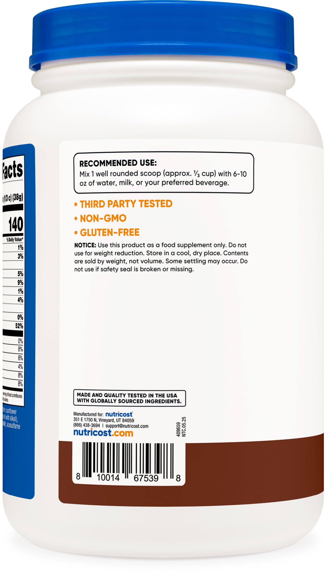 Nutricost whey isolate nutrition facts panel highlighted for protein content