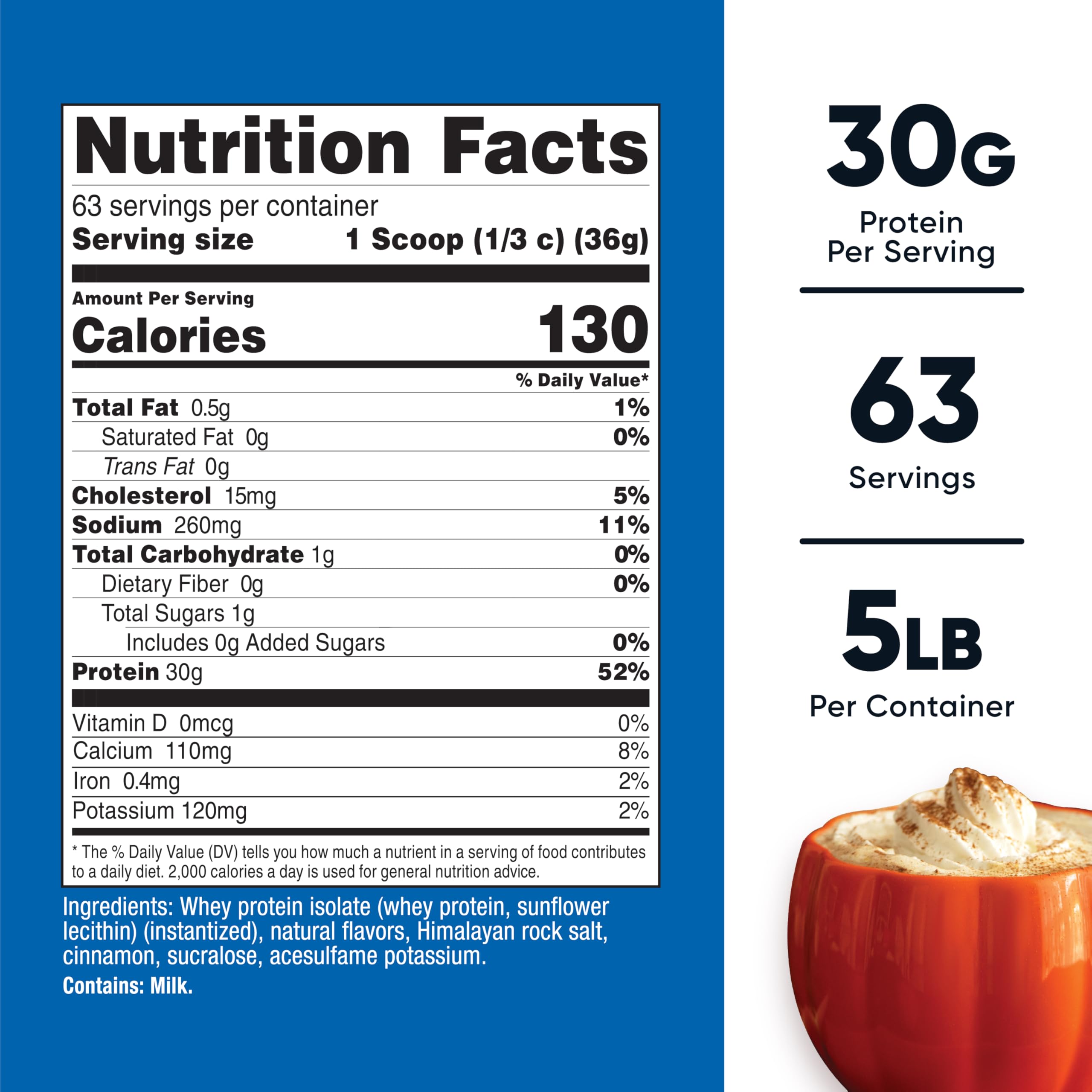 Nutricost pumpkin spice whey protein isolate being poured, highlighting easy-mix formula for shakes.