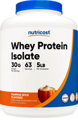Nutricost pumpkin spice whey protein isolate tub front for a convenient post-workout protein option.