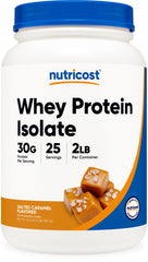 Nutricost Whey Protein Isolate Salted Caramel bottle for convenient post-workout fueling.