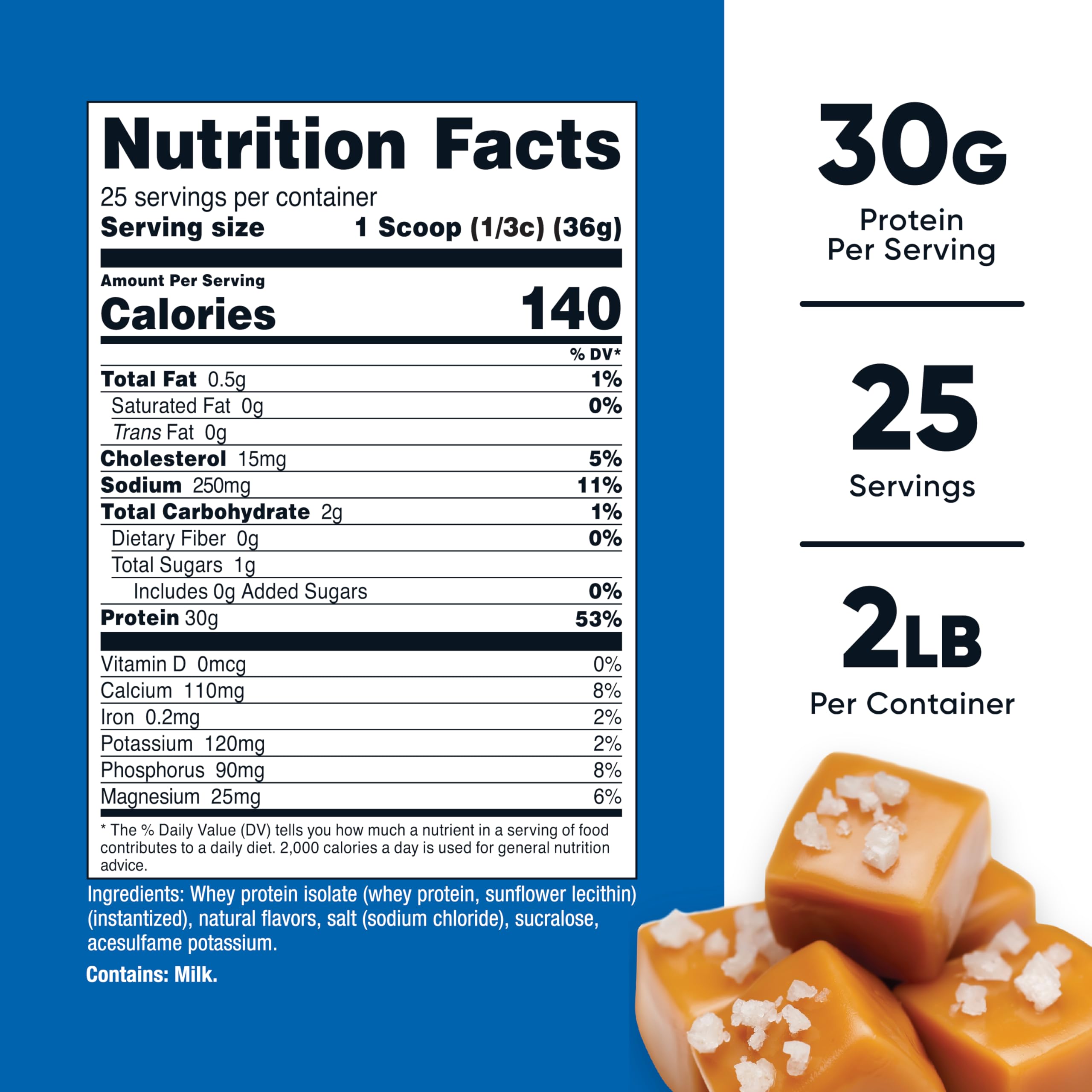 Nutricost Whey Protein Isolate Salted Caramel scoop reveals protein per serving.