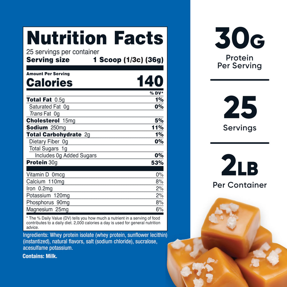 Nutricost Whey Protein Isolate Salted Caramel scoop reveals protein per serving.