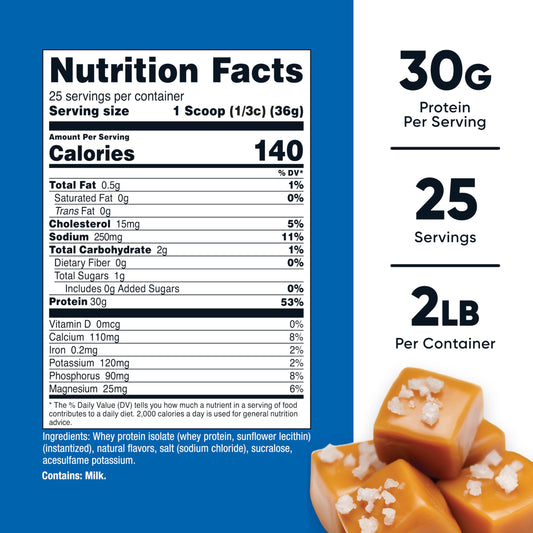 Nutricost Whey Protein Isolate Salted Caramel scoop reveals protein per serving.