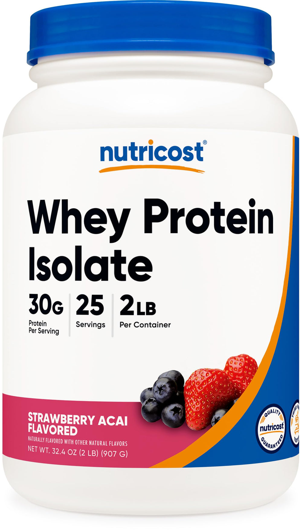 Nutricost whey protein isolate Strawberry Acai tub with label, ideal for daily shakes