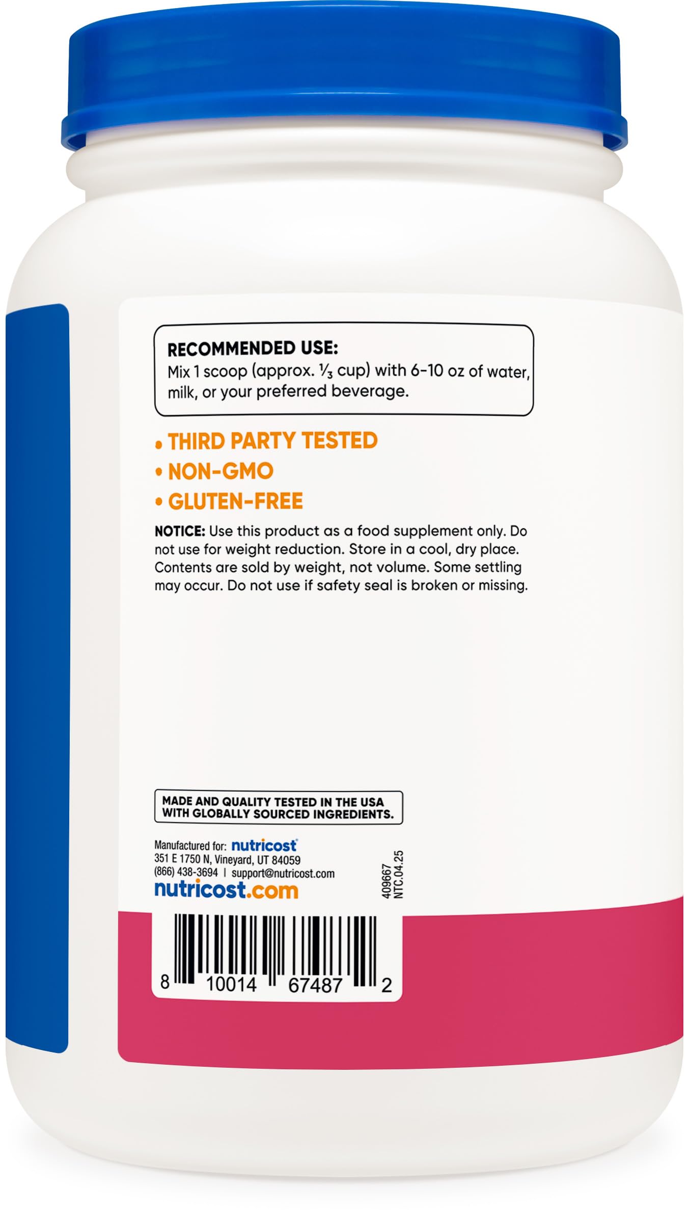 Nutricost Whey Protein Isolate Strawberry Acai label close-up highlighting quality