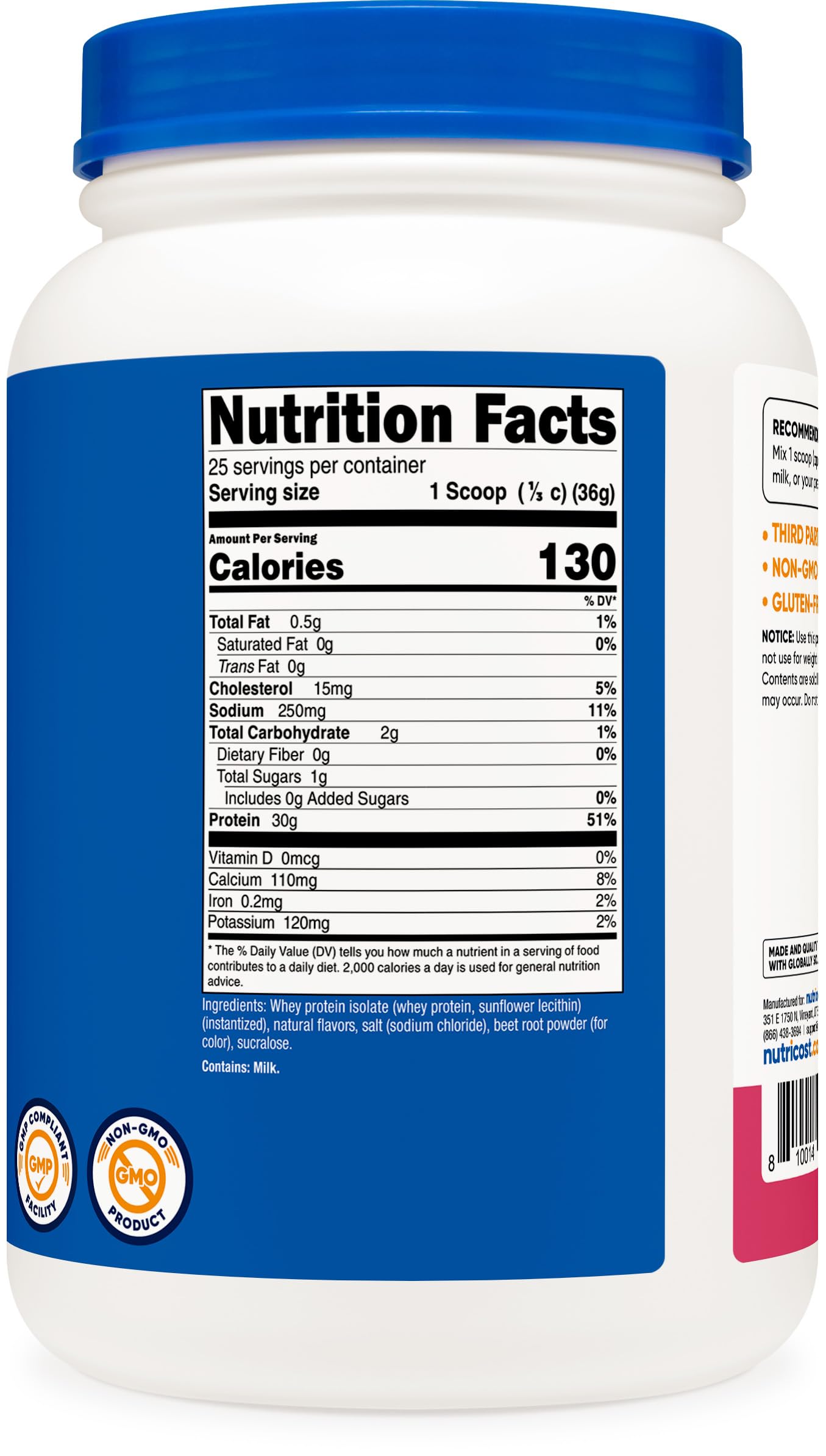 Nutricost Strawberry Acai protein isolate serving cup for on-the-go shakes