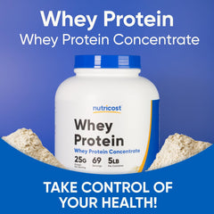 Nutricost Unflavored whey powder dusting scoop ready for measurement.