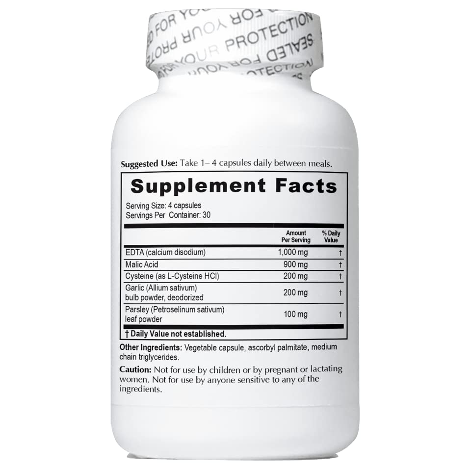 NutriCrafters Enhanced Garlic EDTA bottle side highlighting no magnesium stearate or aluminum zeolite