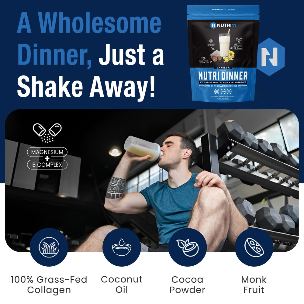 NutriDinner setup with a glass of shake for a night-time routine.