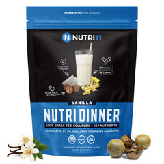 NutriDinner vanilla bottle with grass-fed collagen and magnesium for relaxation potential.