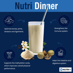 NutriDinner vanilla powder being poured into a creamy drink.