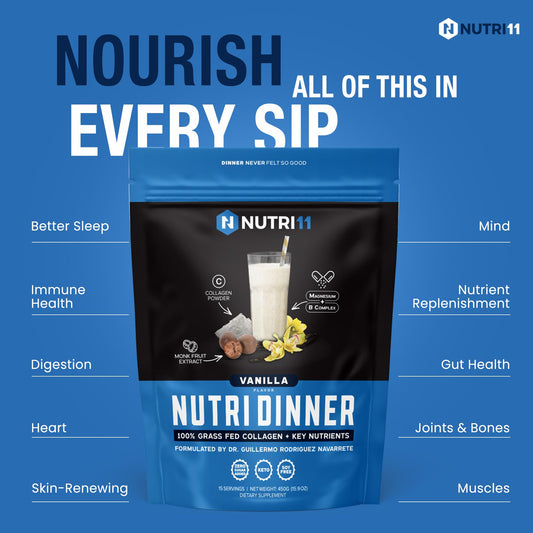 NutriDinner vanilla powder scoop ready to mix into an evening beverage.