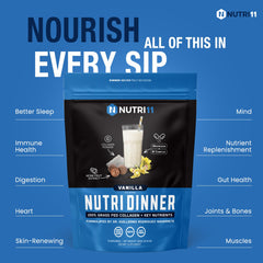 NutriDinner vanilla powder scoop ready to mix into an evening beverage.