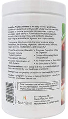 Nutri-Dyn Fruits and Greens label close-up highlights organic ingredients.