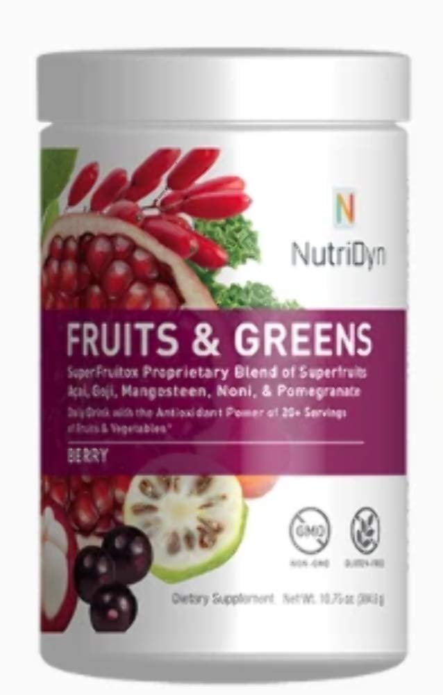 NutriDyn Fruits & Greens Berry bottle pour supports daily energy and wellness.