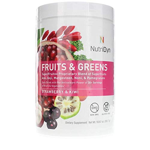 Nutri-Dyn Fruits and Greens bottle with strawberry-kiwi flavor for daily antioxidant support