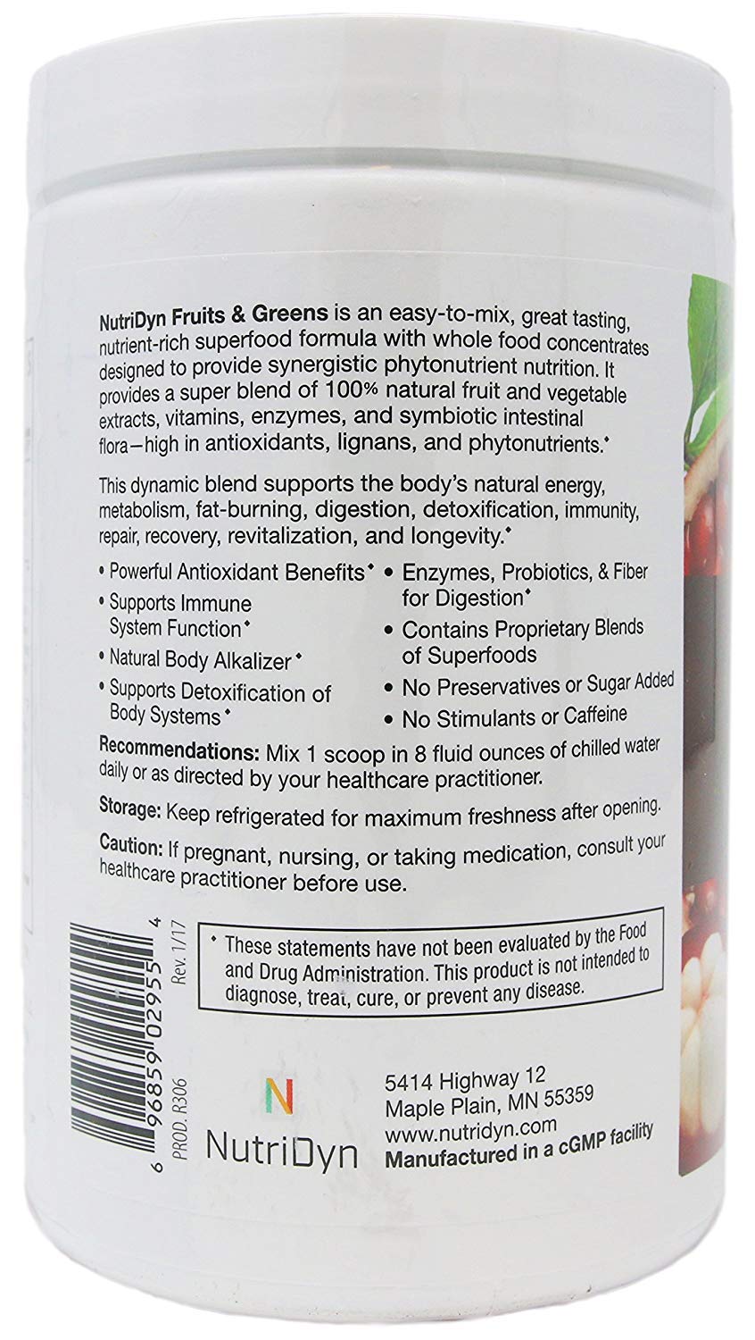 Nutri-Dyn Fruits and Greens ingredients close-up highlighting acai, goji, mangosteen and pomegranate antioxidants