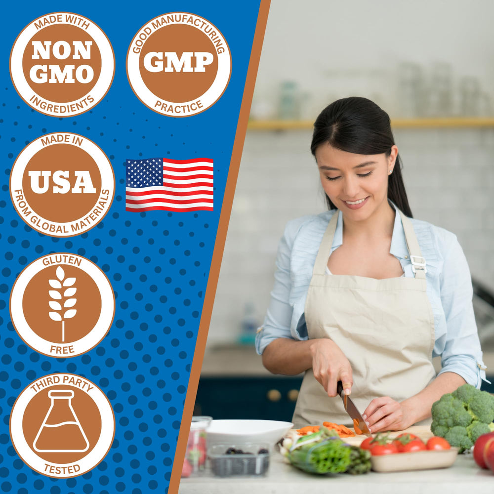 Nutrient Revolution label on bottle highlighting gluten-free and non-GMO ingredients.