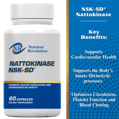 Nutrient Revolution NSK-SD Nattokinase bottle label highlighting non-GMO vegetarian ingredients.