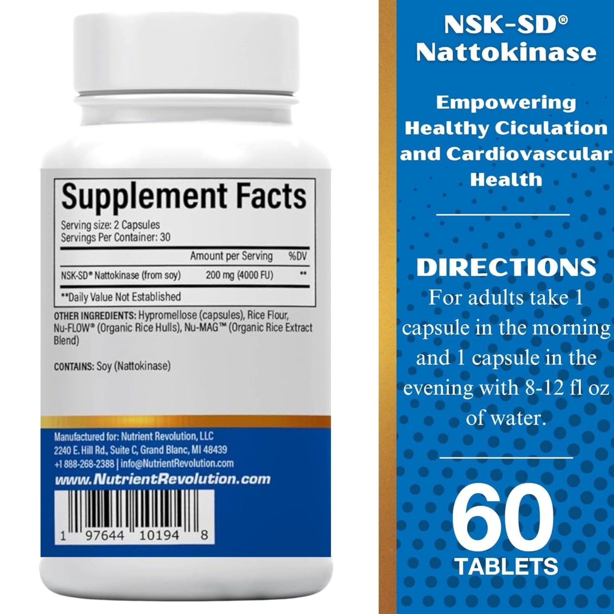 Nutrient Revolution NSK-SD Nattokinase GMP facility tag emphasizing quality control.