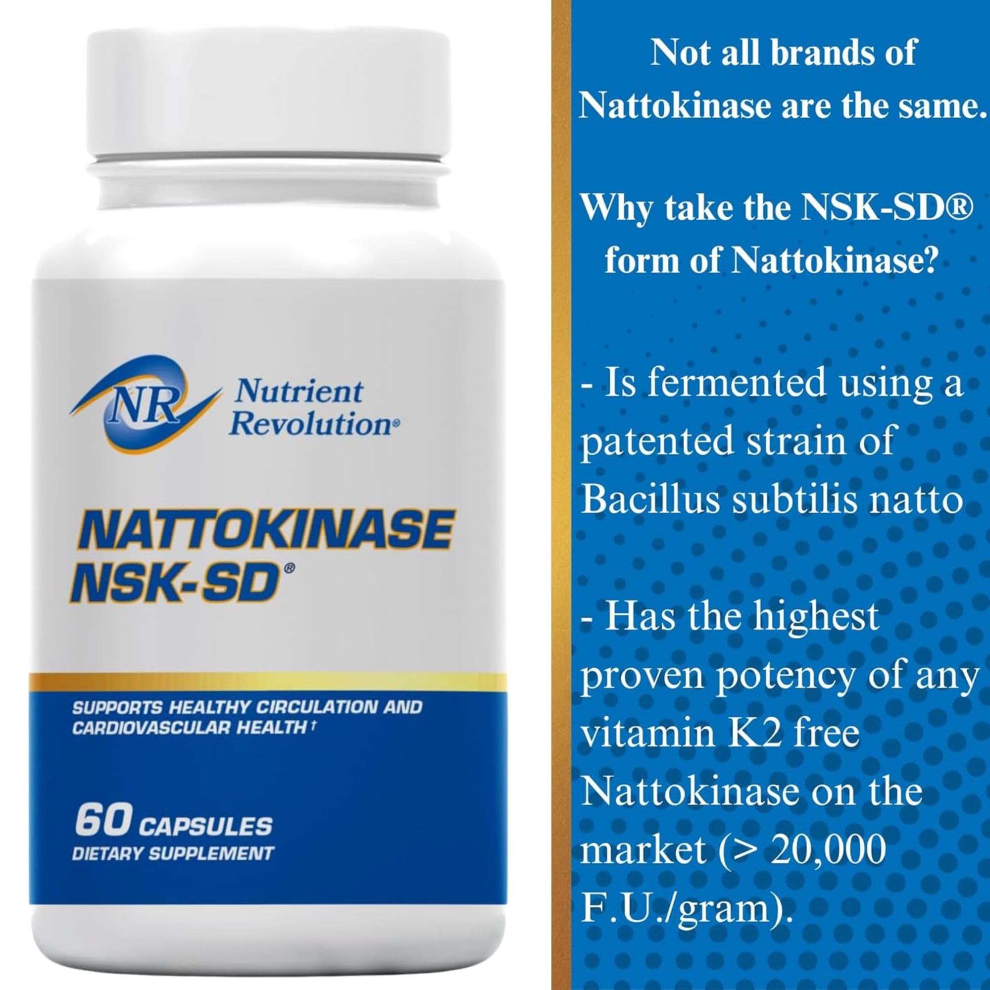 Nutrient Revolution NSK-SD Nattokinase ingredients panel with clean formulation.