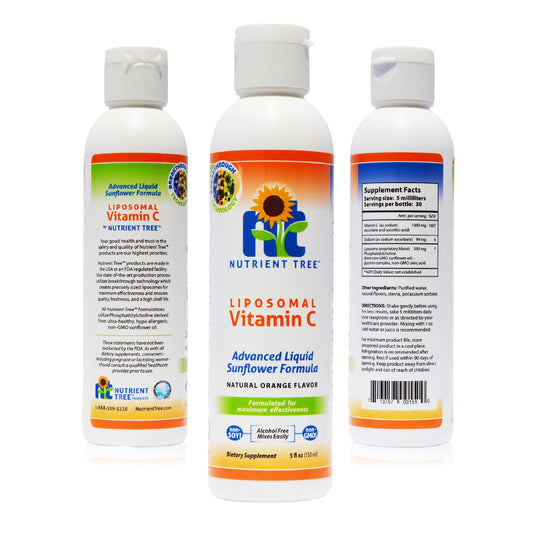 Nutrient Tree Liposomal Vitamin C pouring highlights measured dosing.