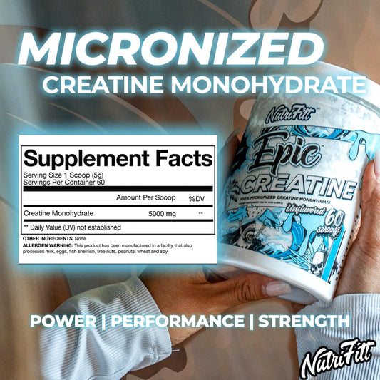 NutriFitt Creatine powder scoop highlights easy dosing for pre- or post-workout use.