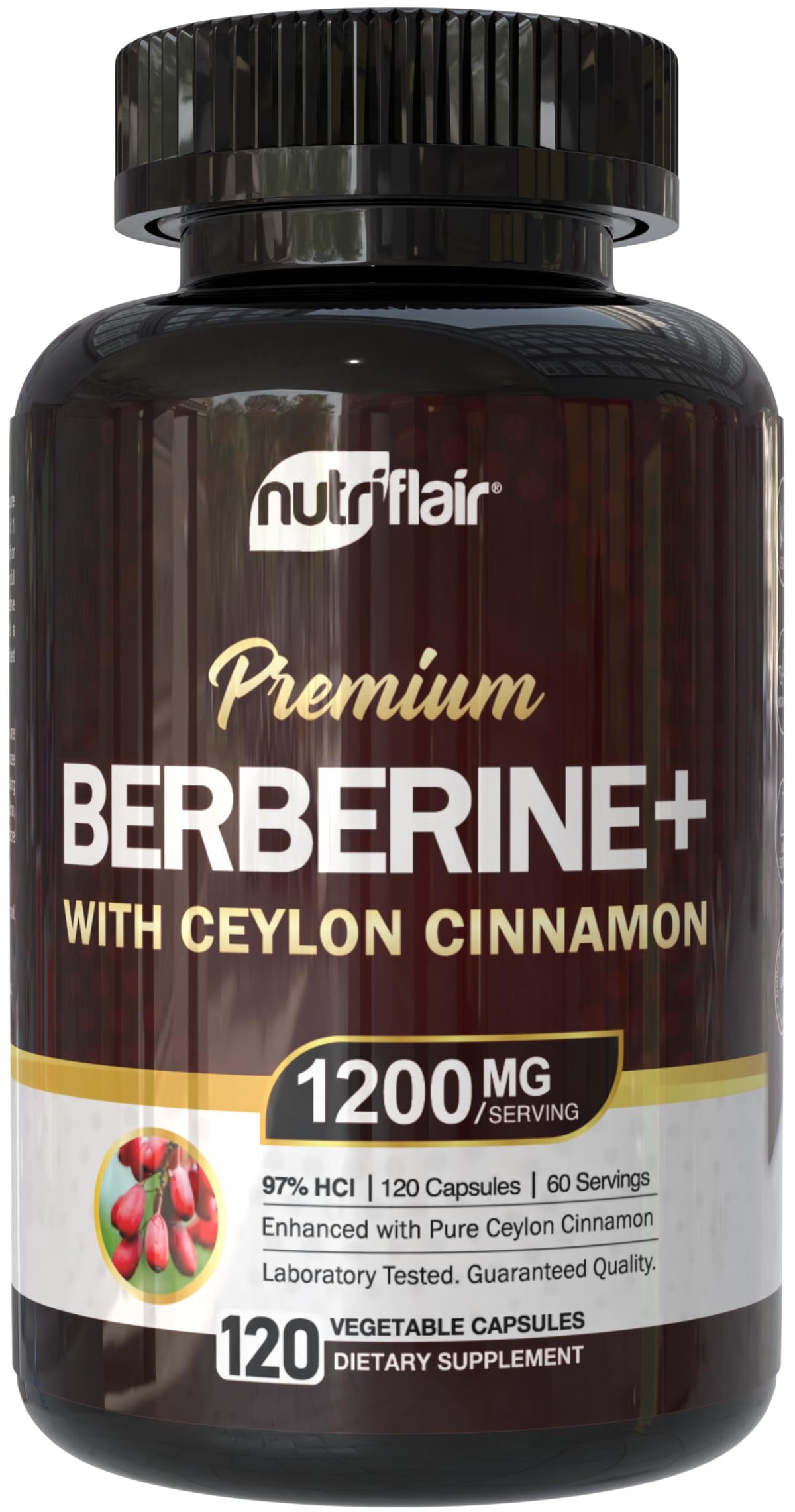 NutriFlair Berberine 97% HCl capsules highlight high potency for daily wellness.