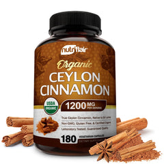NutriFlair Ceylon Cinnamon bottle label, USDA Organic, potential antioxidant support.